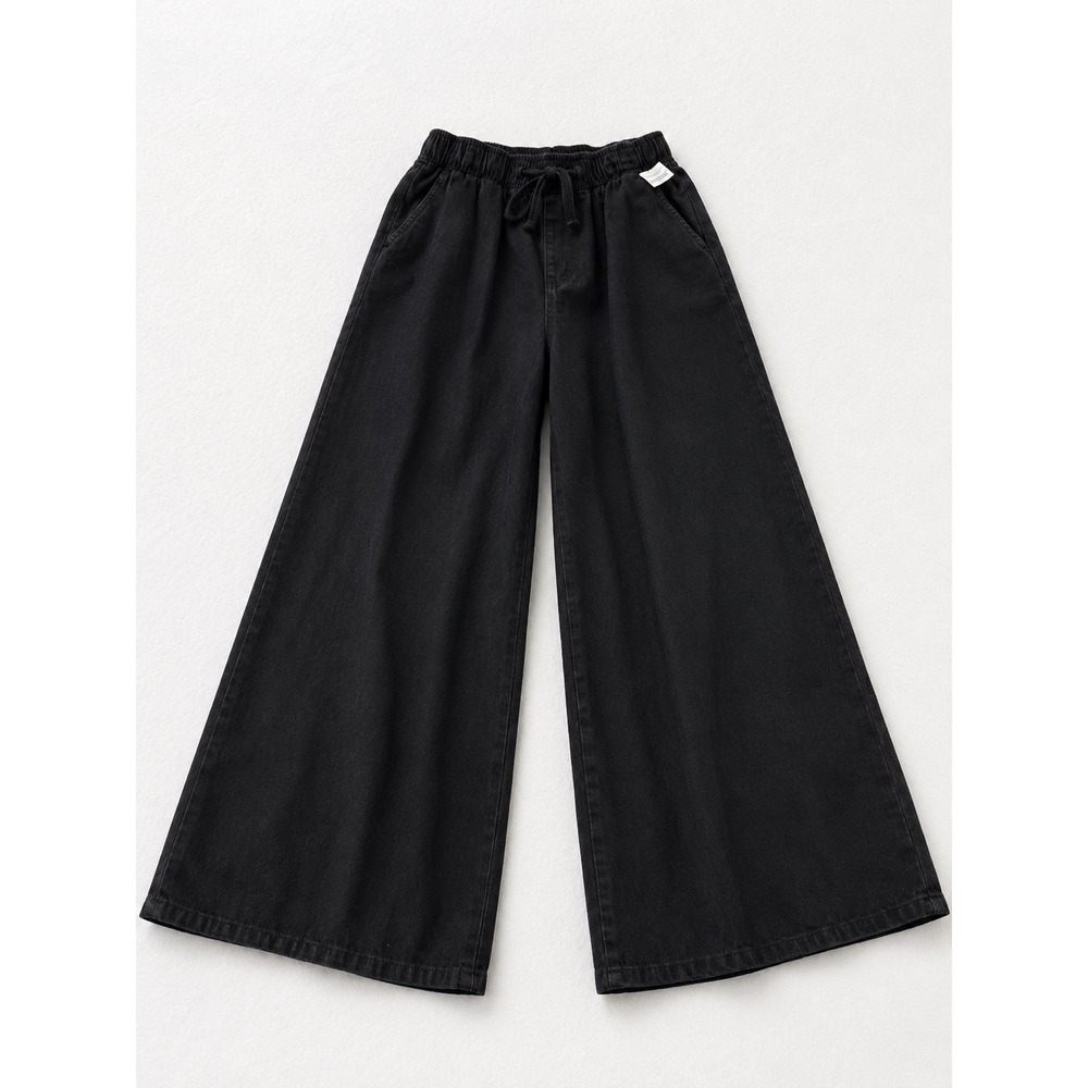 Kids Wide Leg Denim Pants Washed Black Elastic Waist Drawstring Jeans